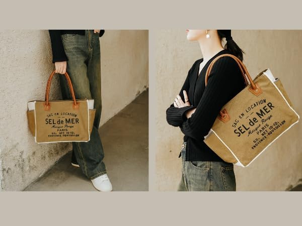 Lamyba Sel De Mer Canvas HandBag Upcycled Canvas Leather Tote Bag