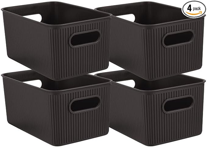 Superio Ribbed Collection - Decorative Plastic Basket Open Home Storage Bins Organizer, Medium Brown (4 Pack) Container Boxes for Organizing Closet Storage Bins for Shelves Drawer Shelf 5 Liter
