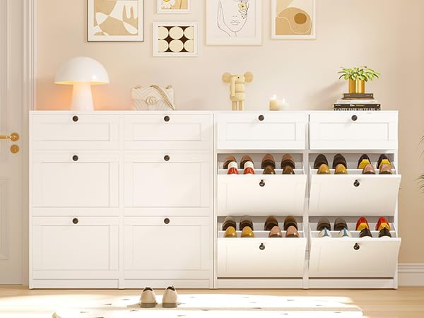 VOWNER Shoe Cabinet with 4 Flip Drawers & 2 Drawers, Freestanding Shoe Storage Cabinet with Adjustable Shelves, Shoe Organizer for Entryway, Hallway, Living Room (White)