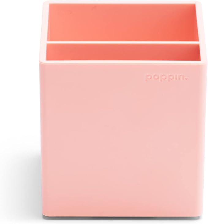 Poppin Pen Holder with 2 Compartments - Sturdy Plastic Pen Cup for Desk, Lacquer-like Finish, Blush Pink