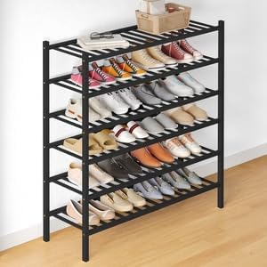 Smiry Bamboo Shoe Rack for Closet, 6 Tier Long Wooden Shoe Organizer, Stackable Wood Shoe Storage Shelf for Entryway, 14 Vertical Slats, 3+3 Stack Heavy-Duty Legs, 33.86"x11.02"x36.61", Black