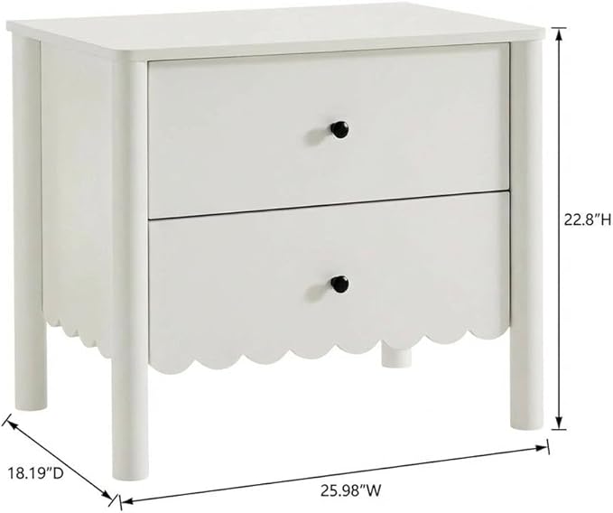 Furnifact White Nightstand, 2 Drawers, Scalloped Design, Spacious Storage, Durable Construction, Elegant Bedroom Furniture, Smooth Drawer Operation