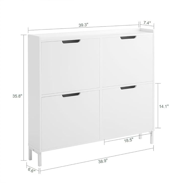 Haotian Ultra Thin Shoe Cabinet with 4 Flip-Drawers | Narrow Enclosed Shoe Rack, Slim Shoe Storage Organzier Entryway, White, FSR100-W