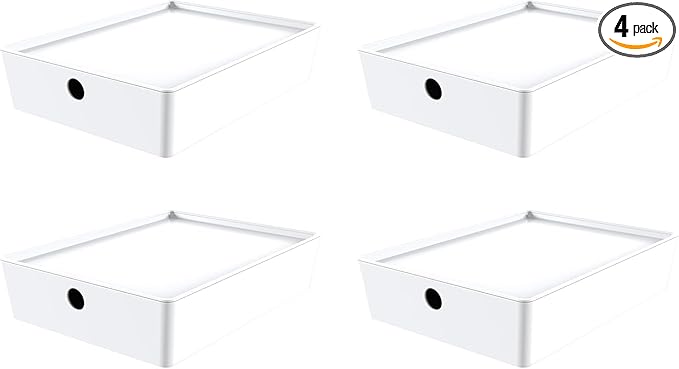 Bella White Modular Box Stackable Storage Bins with Lids Bathroom Organizer Kitchen Container Closet Shelf Organization 4 Pack (Medium)