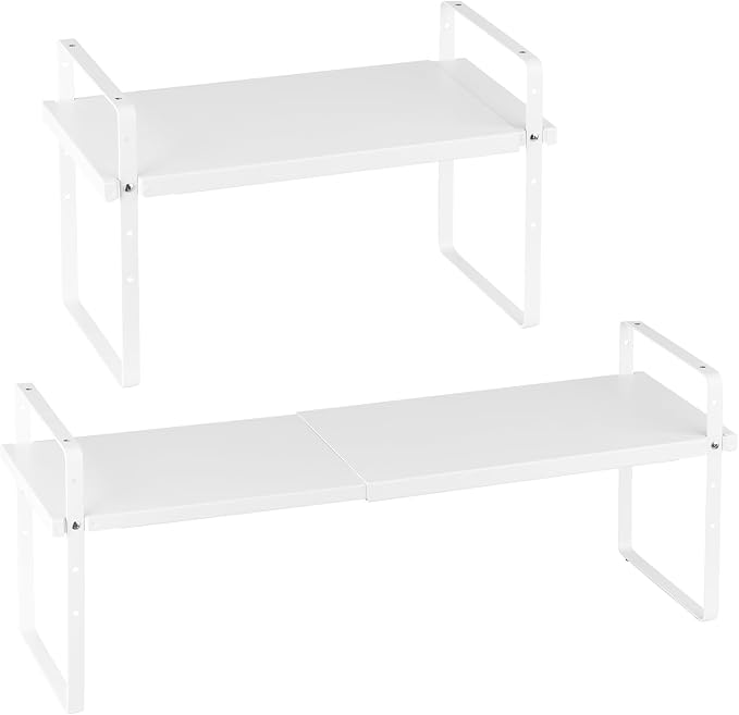 VEVOR Adjustable Kitchen Cabinet Shelf Organizer, Expandable 2 Tier Cabinet Shelf, Stackable Countertop Organizers and Storage Risers, Pantry for Kitchen Bathroom Office, White