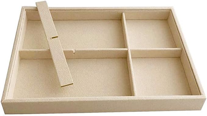 Beige Jewelry Organizer Tray 6 Compartment Medium, Stackable Display Tray for Watches Earrings Bracelets Necklaces, Removable Dividers, Slim Drawer Insert, Dressing Table Vanity Home Retail