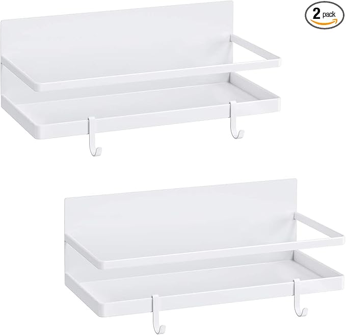 Magnetic Spice Rack, AUVAHOX Strong Magnetic Shelf with 4 Removable Hooks, Perfect Space Saver for Small Kitchen/ Apartment, Awesome Metal Cabinet for Holding Spices, Jars, Bottle(White, 2Pack)