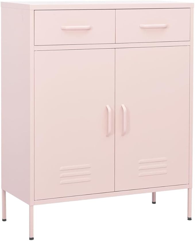 Pink Steel Storage Cabinet with Two Drawers and Adjustable Shelves, Medium Rectangular Organizer for Living Room Bedroom Office, Durable Metal Furniture with Levelers