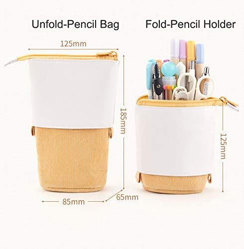 Telescopic Pencil Bag Pen Holder Stationery Case, PU Corduroy Stand-up Retractable Transformer Bag Colorful Organizer, Great for Christmas Holiday (Pink)