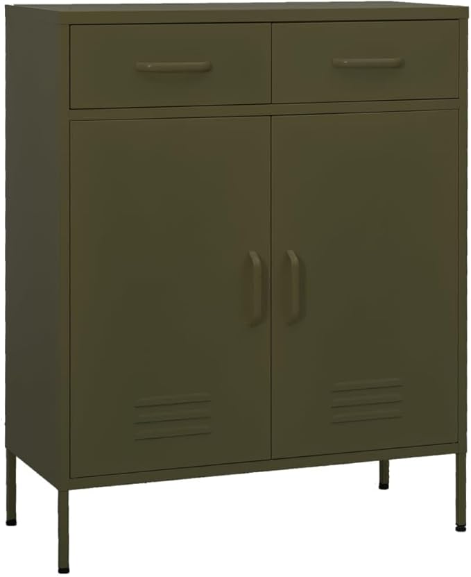 Olive Green Steel Storage Cabinet with Adjustable Shelf and Pull-Out Drawers, Durable Metal Organizer for Home Office, 31.5 x 13.8 x 40.0 Inches