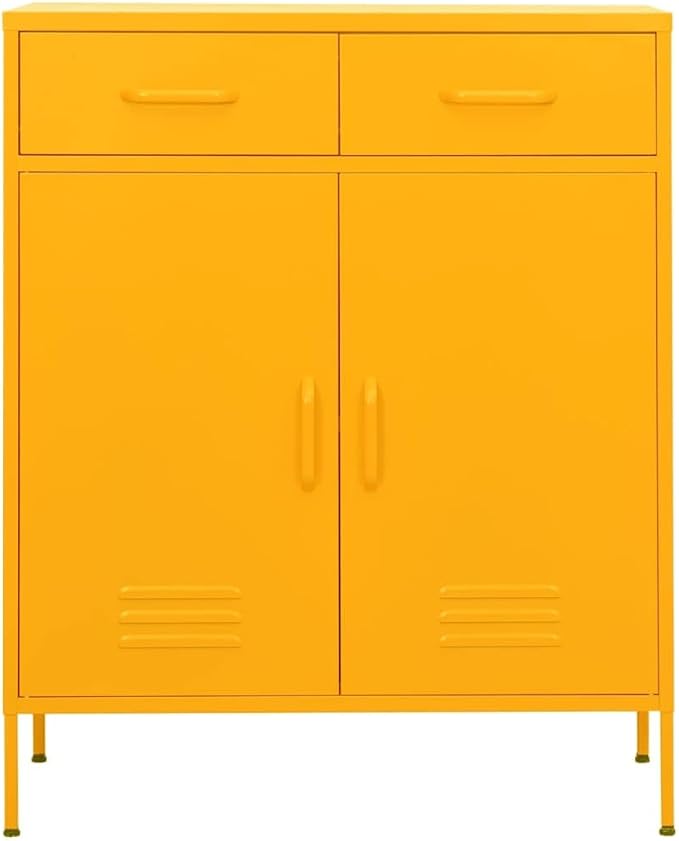 Mustard Yellow Steel Storage Cabinet with Adjustable Shelves and Feet, Large Capacity Organizer with Two Drawers and Two Doors for Living Room and Study, Durable Metal