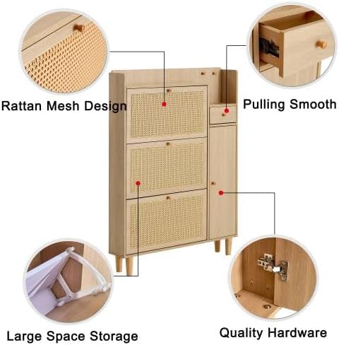 GIA Modern Minimalist Storage Cabinet with Rattan Design, Natural, 4-Door