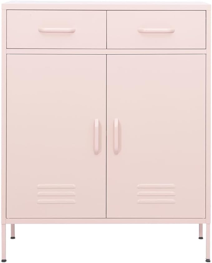 Pink Steel Storage Cabinet with Two Drawers and Adjustable Shelves, Medium Rectangular Organizer for Living Room Bedroom Office, Durable Metal Furniture with Levelers