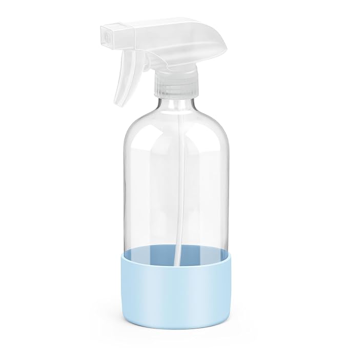 Rionisor Glass Spray Bottles with Silicone Sleeve Protection, Empty 16 oz Refillable Containers, Reusable Spray Bottles with Adjustable Nozzle for Hair, Cleaning Solutions, Essential Oils 1 Pack Blue