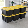 6 Pack 27 Gallon Heavy Duty Storage Bins with Snap Lids, Durable Plastic Storage Totes with Stackable Black Containers & Yellow Latching Covers for Home Garage Moving Organization