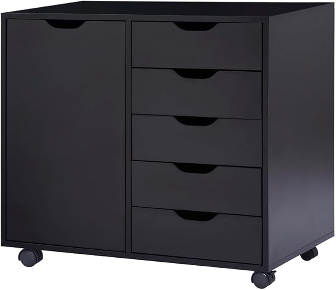 Naomi Home Wooden 5 Drawer Dresser with Cabinet Shelves and Wheels, Drawer Dresser for Bedroom Closet and Dressing Room Storage in Black