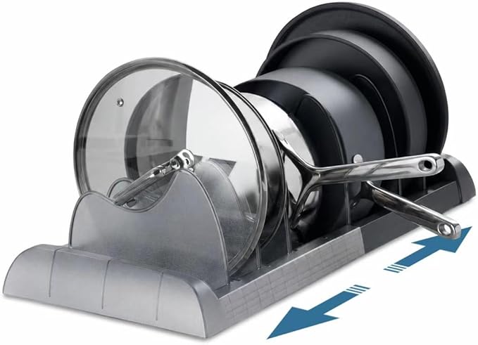 OMIO Pot Lid Organizer for Cabinet, A-560 Heavy Duty ABS Pan Rack Adjustable 9.8-22.8 inch with 8 Removable Dividers, Under Sink Storage for Cookware, Cutting Board, Dark Gray
