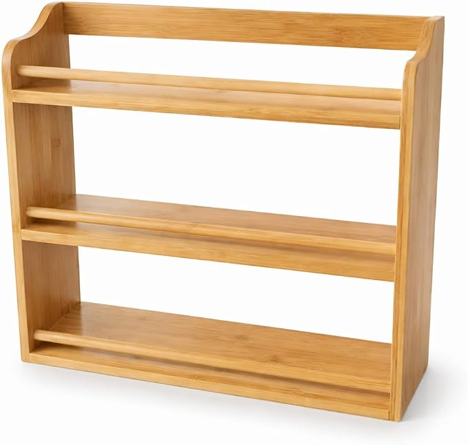 Bamboo Spice Rack Organizer – 3 Tier Bamboo Spice Rack Organizer – Countertop or Wall Mounted – Kitchen Spice Shelf Storage – Space Saving Organizer for Pantry & Cabinet