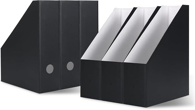 Rempry Magazine File Holders Black Set of 6, Foldable Cardboard Document Organizer Boxes with Labels, Space-Saving Storage for Office, Home, School, 10x3.3x12 Inchs