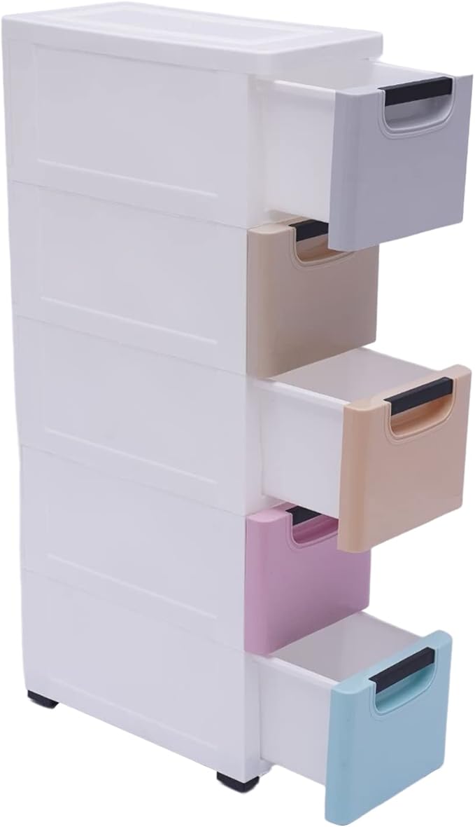 Plastic Stackable Storage Cart 5 Drawer Containers Storage Organizer Unit Mobile Stacking Bins [Multi Color A 7.9"x15.7"x33.1"]