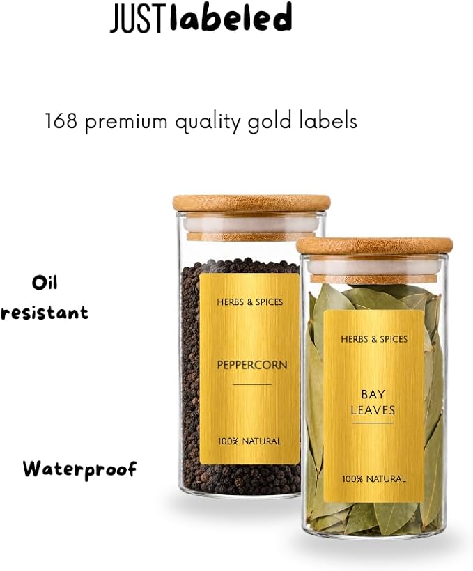 Spice Labels - 168 Aesthetic Gold Spice Labels for Jars - Waterproof Stickers for Spice containers - Preprinted Minmalist Oilproof Herbs & Seasoning Labels