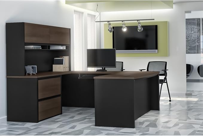 Bestar Connexion 72W U-Shaped Executive Desk with Lateral File Cabinet and Hutch in Antigua & Black | With Lateral File Cabinet and Hutch; with Narrow Desk Shell, Desk Shell, Desk Bridge, Keyboard Tray, CPU Stand; 2 file drawer
