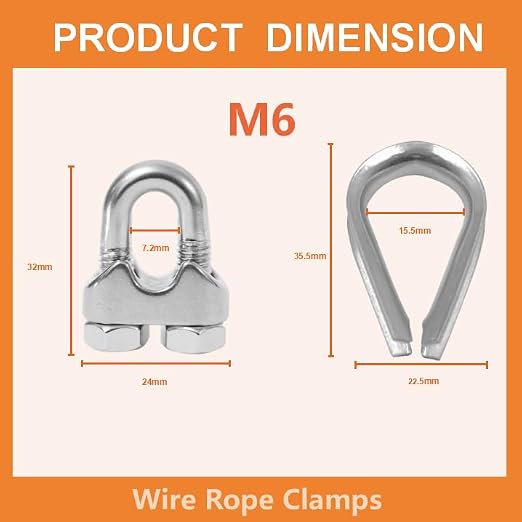 24 Pcs M6 Cable Clamps,Wire Rope Clamp,12 Pcs 1/4" Thimble | Stainless Steel Smooth Rods for Industry, Metal Working Hobbies and DIY Craft