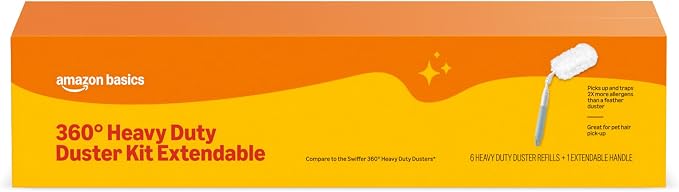 Amazon Basics 360° Heavy Duty Duster Kit with Extendable Handle and 6 Microfiber Plumes Refills for Pet Hair