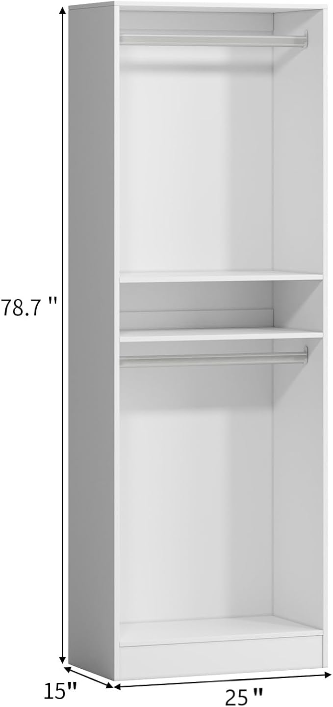 VOWNER 25'' Freestanding Closet System Walk-in Wardrobe Closet Tower | White Shelves with 2 Hanging Rods, Modular Expandable Open Closet Organizers, Clothes Garment Rack for Small Closet
