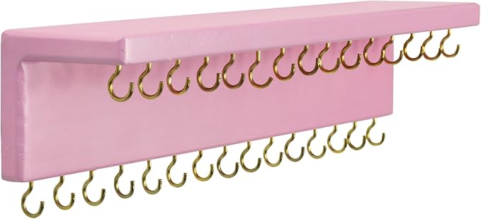 SANY DAYO HOME Pink Necklace Holder Jewelry Organizer with 30 Hooks, 15 x 3 x 4 inches Wall Mount Rustic Pine Wood Shelf for Necklace, Hair Bow Storage