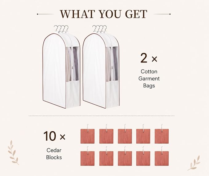 41" Cotton Garment Bags for Hanging Clothes, 2 Pack Breathable Suit Bags for Closet Storage, 10" Wide Gusseted & Clear Window, for Suits, Short Dresses, Sweaters, with Cedar Blocks