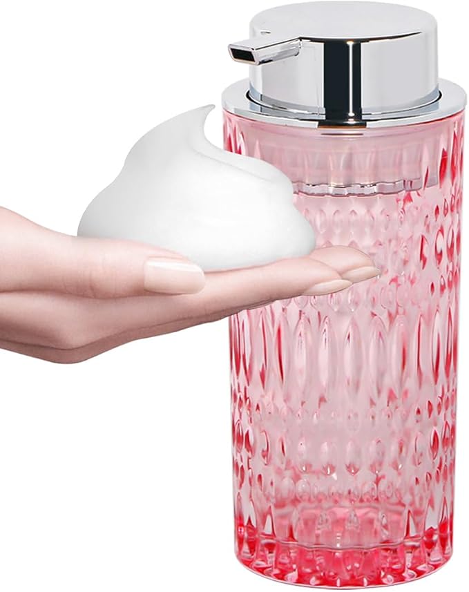 Foam Soap Dispenser, Pink Glass Foaming Soap Dispenser with Pump, 14 Oz Bathroom Refillable Liquid Lotion Pump Bottle Container for Kitchen Countertop Decor