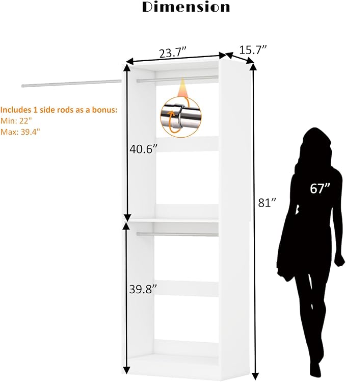 Closet System, 2FT Wood Closet Organizer System Small Walk-in Closet Freestanding Corner Closets Shelf Storage with 3 Hanging Rods, Modular Closet Systems White (2FT)