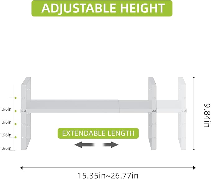 Expandable Cabinet Shelf Organizer Rack, Stackable Kitchen Counter Storage Shelves Stand, Adjustable Height Pantry Shelf Spice Rack(White-1 Pack, 8.7" D x 15.4-26.8" W x 9.8" H)