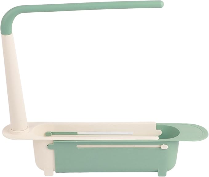 Telescopic Sink Storage Rack, Retractable Sink Drainer with Bracket and Crossbar Telescopic Kitchen Over Sink Organizer with Towel Hanger for Kitchen (Green)