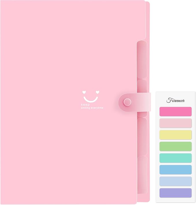 Forvencer Accordion File Organizer, Letter Size, 5 Pocket Expanding File Folder, Cute File Folder with Labels, Portable File Organizer for School Office Supplies, Folders for Documents, Light Pink