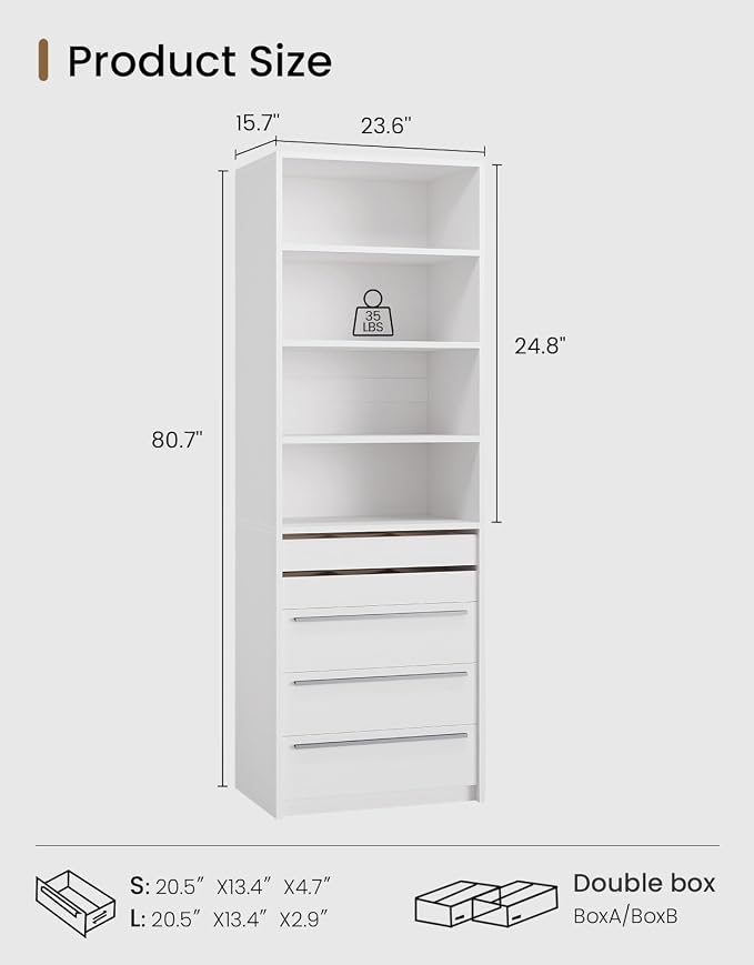 Modular Closet System, Closet Organizer System with 4 Shelves and 5 Drawers, Walk-in Wardrobe Standing Closet System, White