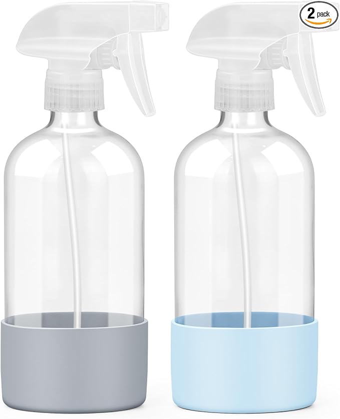 Worldgsb 2 Pack Glass Spray Bottles with Silicone Sleeve, 16 oz Empty Refillable Containers with Adjustable Spray Nozzles, Spray Bottles for Hair, Cleaning Solutions and Plants Blue&Grey