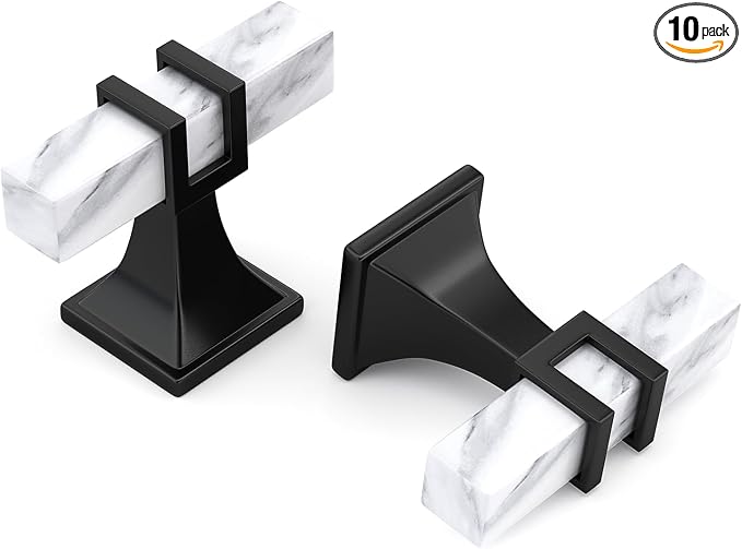 10 Pack Marble & Black Cabinet Knobs, 2 Inch Square Drawer Knobs for Kitchen & Dresser