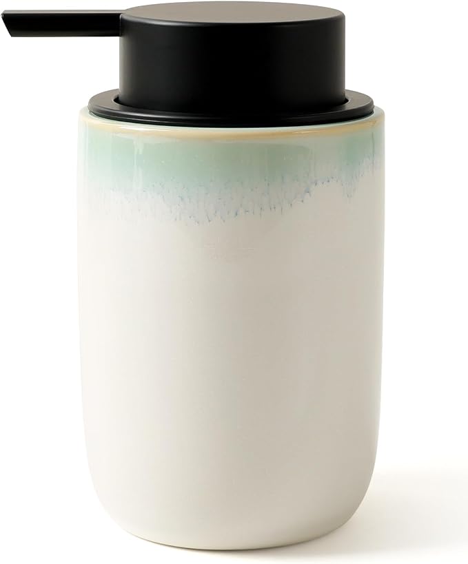 BosilunLife Hand Soap Dispenser for Kitchen, Bathroom Countertop | Foam Soap Dispenser Bathroom Ceramic Dish Liquid Soap Dispenser (White with Blue-Green Rim Liquid Pump)