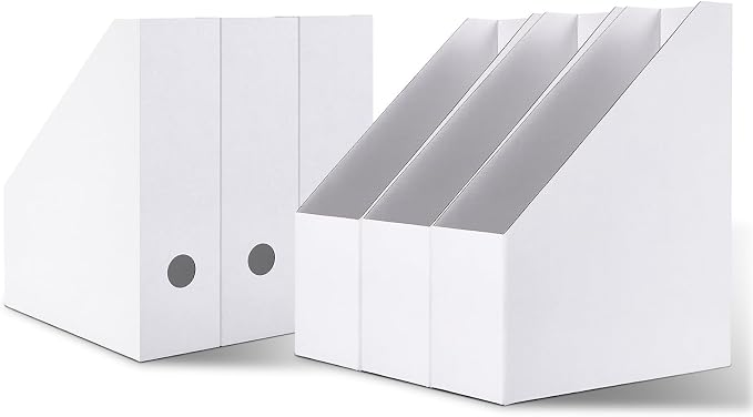 Rempry Magazine File Holders White, Foldable Cardboard Document Organizer Boxes with Labels, Space-Saving Storage for Office, Home, School, 10x3.3x12 Inchs, 6 Pack