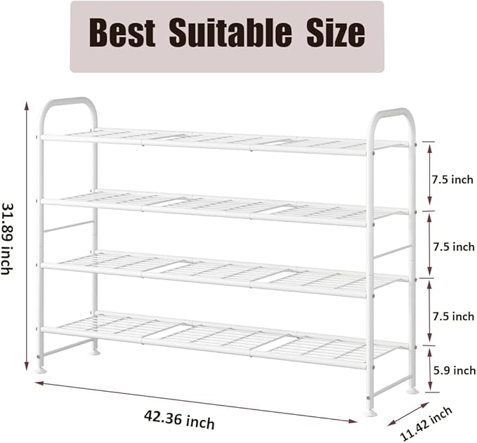 LINZINAR 4 Tier Long Shoe Rack for Closet Metal Shoe Organizer for Entryway | Spacious design stores 25+ pairs of shoes,durable metal frame,space-saving organizer for closet, hallway, and Entryway White