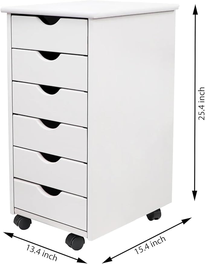 Jela-USA Solid Pine Wood 6 Drawer Rolling Cart, White