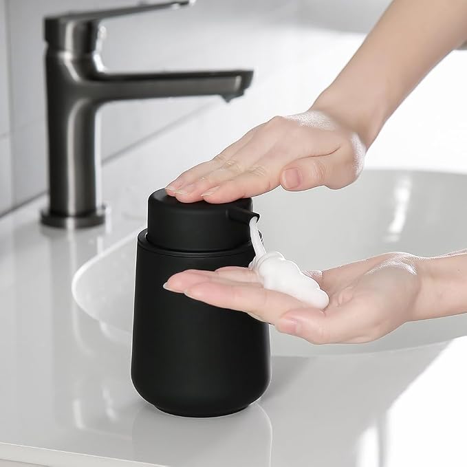 YAUKPH Matte Black Foaming Hand Soap Dispenser Plastic 11 oz - Modern Minimalist Style for Bathroom & Kitchen Countertop Refillable