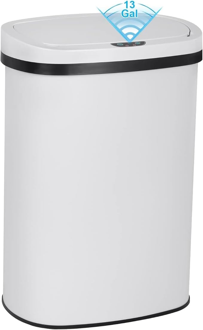 Bigacc 13 Gallon Touch Free Automatic Stainless Steel Trash Can Garbage Can Metal Trash Bin with Lid for Kitchen Living Room Office Bathroom, Electronic Motion Sensor Automatic Trash Can - White