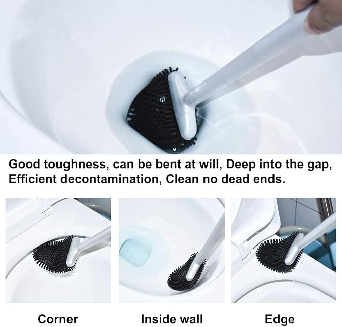 Sellemer Silicone Toilet Brush, Ventilation Slots Base Holder 2 Pack Silver | Flexible Bristles Flat Head for Rim, Hair Tangle-Free, Easy to Clean, Compact Design, Rustproof Handle, for Toilet/Sink/Tub
