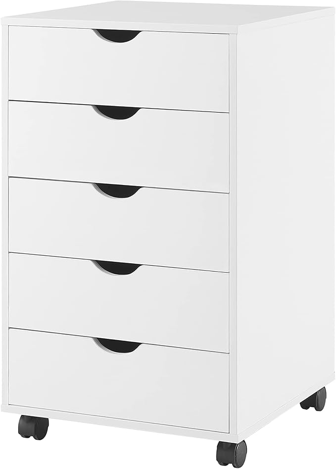 Naomi Home 5-Drawer Rolling Chest, White, Smart Storage with Metal Slide Glides & Smooth Wheels, Compact Space-Saver, Easy Assembly, Durable Engineered Wood