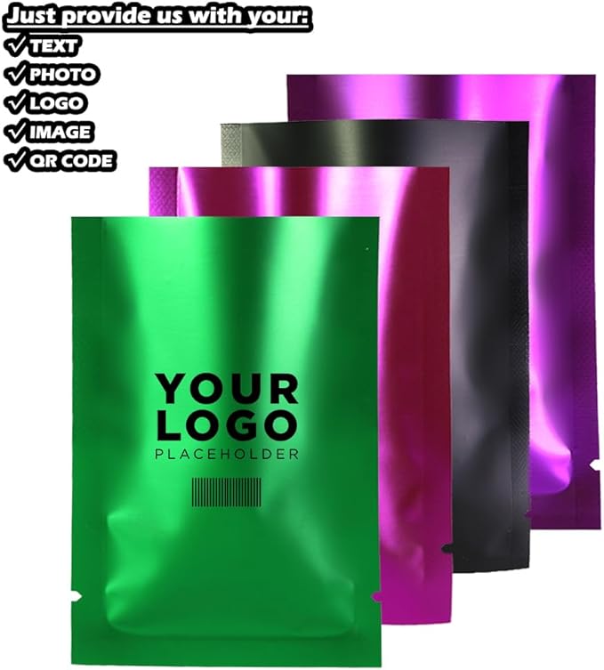 100PCS Customized Mylar Heat Seal Bags,Open Top Clear Packaging Bag with Tear Notch, Single-Side Printing for Logo/Text/QR Code (Black, 8 * 12CM/3.2"*4.7"-100PCS-One Color Print)