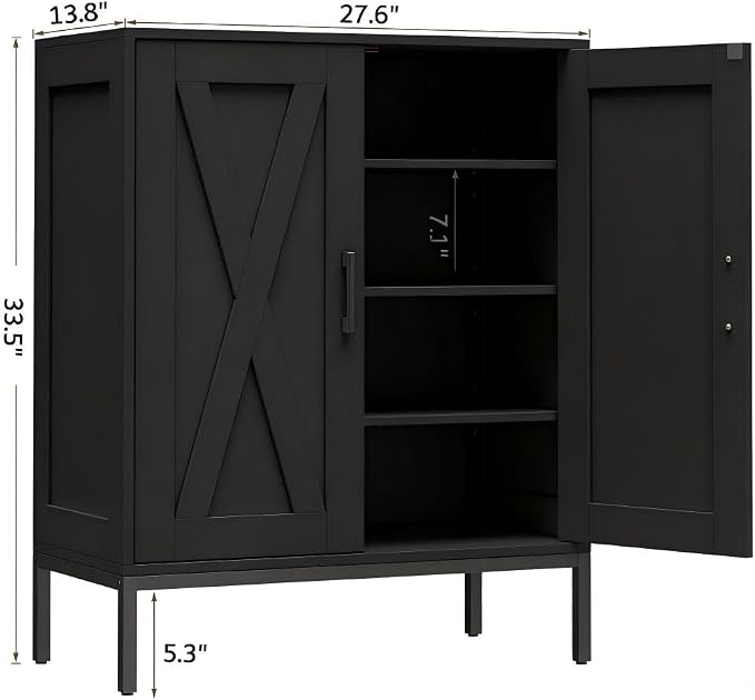 Homleke Farmhouse Shoe Cabinet with 2 Barn Doors & Metal Legs | Tall 4-Tier Shoe Storage Cabinet, 3 Adjustable Shelves, Shoe Rack Organizer, for Entryway, Hallway, Closet, Black