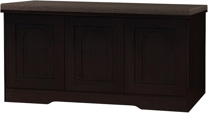 DINZI LVJ Shoe Bench, Entryway Storage Bench with Doors, Cushion, 3-Tier Shoe Rack with 9-Cubby, 39.4" L x 13.8" W Shoe Organizer Cabinet, Fully Adjustable Shelves, Living Room, Bedroom, Espresso